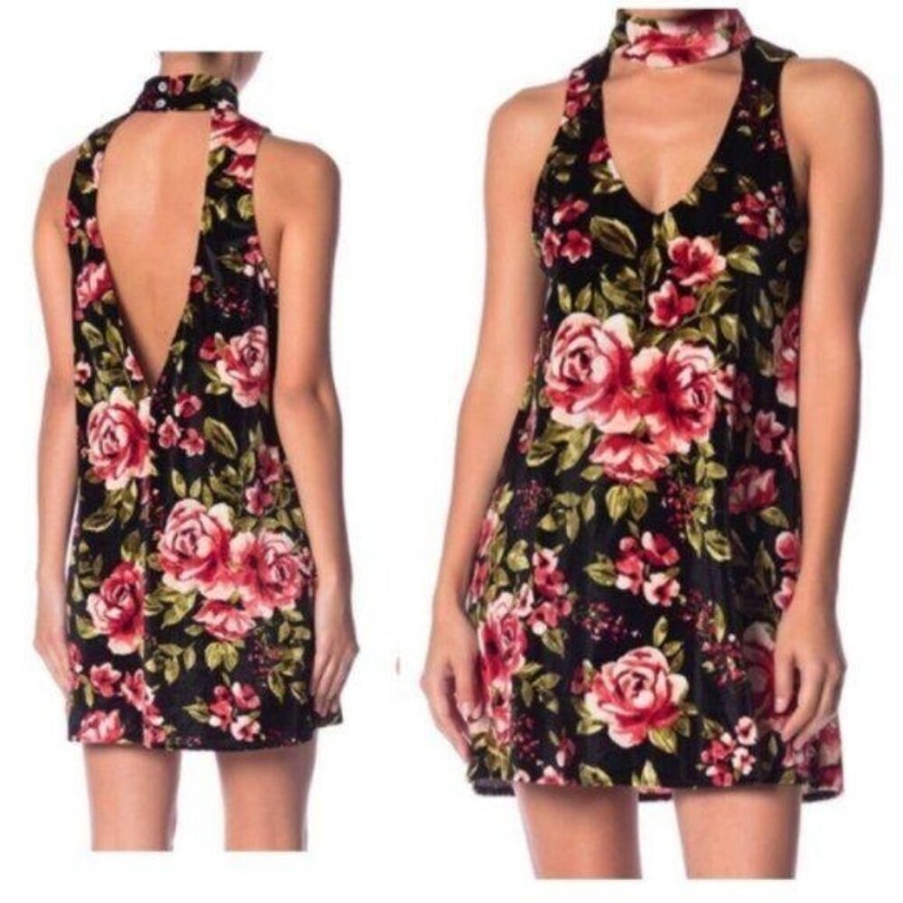 Show Me Your Mumu Friday Choker Dress Velvet Floral Black Red M NWT